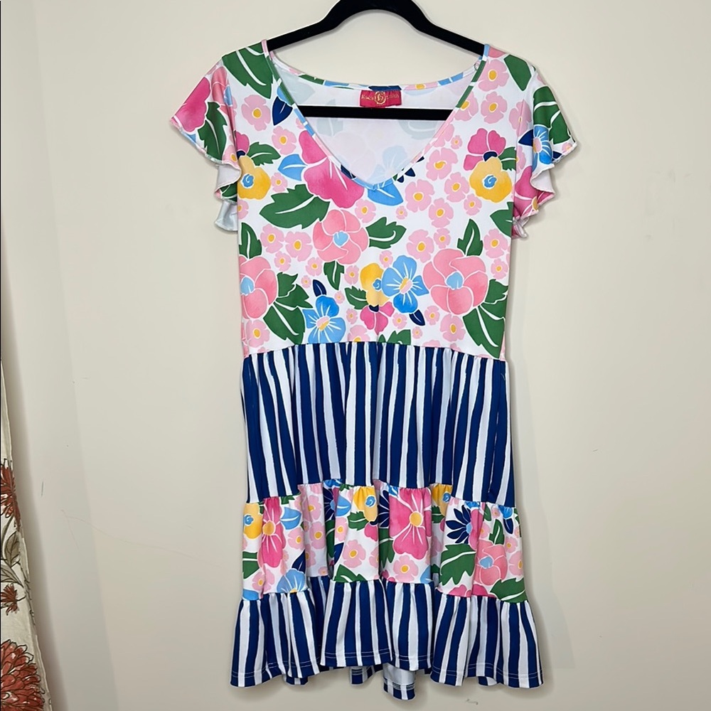 Pink and Blue Ruffled Tiered Sundress with Flutter Sleeves